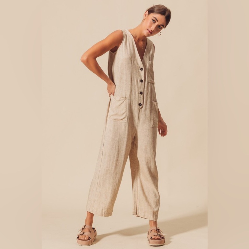 So Me Linen Blend V-Neck Button Down Jumpsuit - Picture 8 of 12